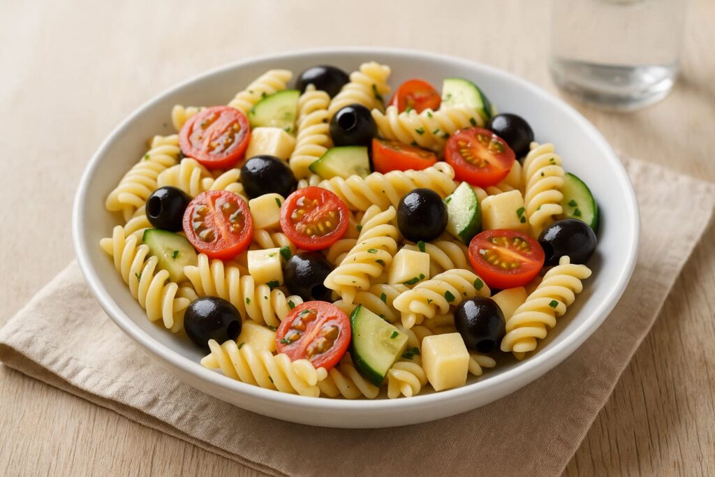 ensalada de pasta, tomate y aceitunas negras